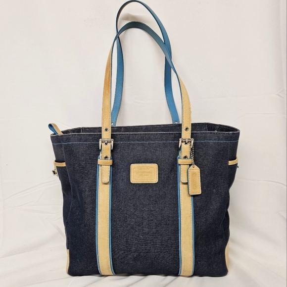 Coach Handbags - Coach Denim Hampton Large Tote Bag, Tan Blue Leather Handles